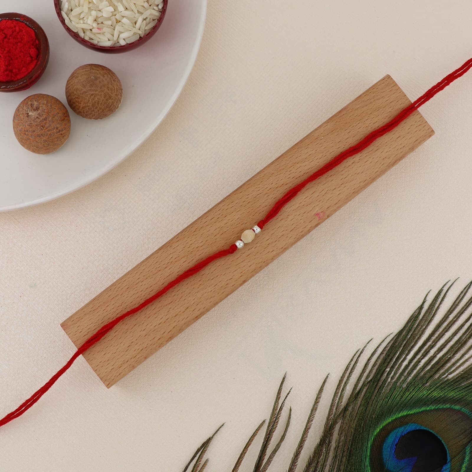 Silver Sandalwood Bead Rakhi | Natural Sandalwood Bead with Silver Accents | Adjustable Red Thread
