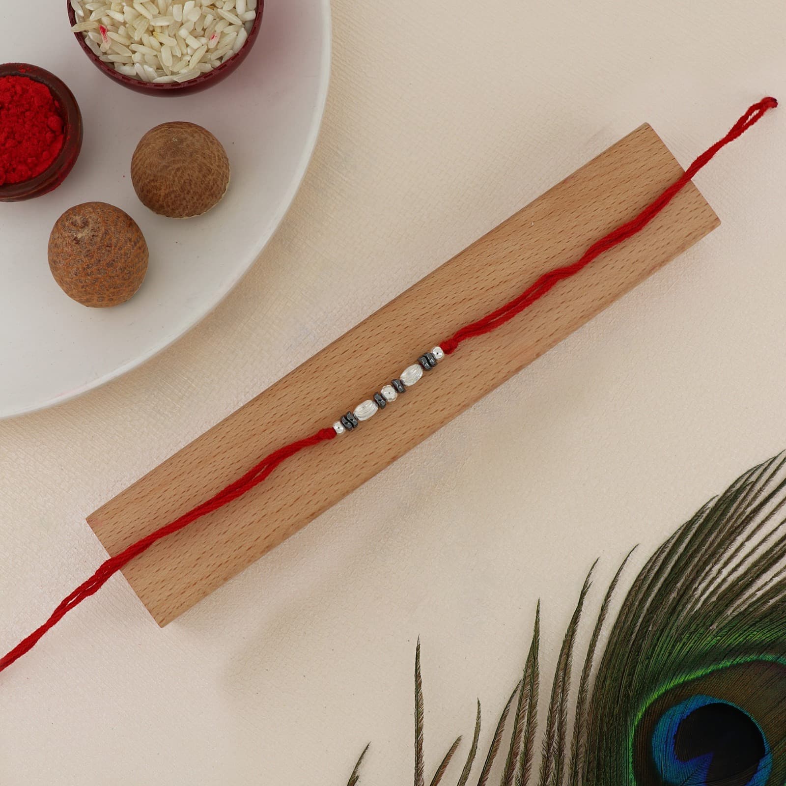 Silver Dual Ribbed Bead Rakhi | Ribbed Silver Beads with Hematite & Silver Accents | Adjustable Red Thread