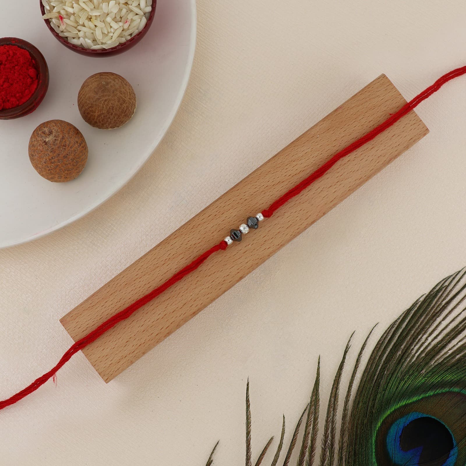 Silver Dual Black Bead Rakhi | Elegant Faceted Black Beads with Silver Accents | Adjustable Red Thread