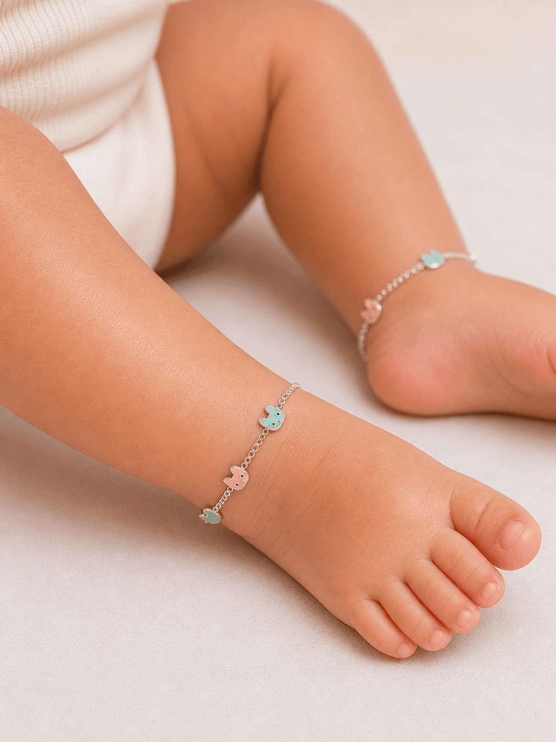 925 Sterling Silver Baby Anklet with Cute Bunny Enamel Charms | Pastel Kids Payal | Soft Adjustable Chain | 1 Pair (2 Anklets)