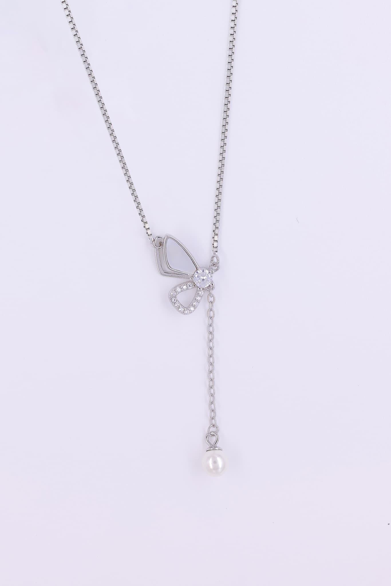 Silver Zircon Bow Pearl Pendant