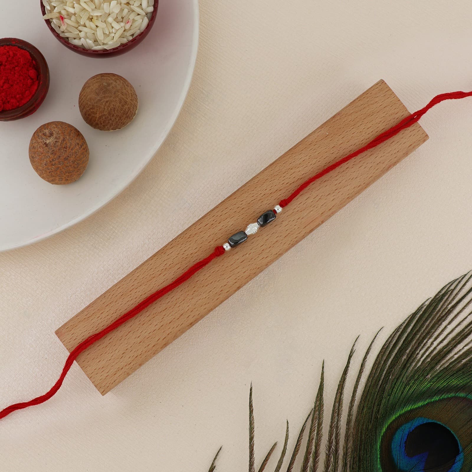 Silver Hematite Bar Rakhi | Modern Hematite Bars with Crystal & Silver Accents | Adjustable Red Thread
