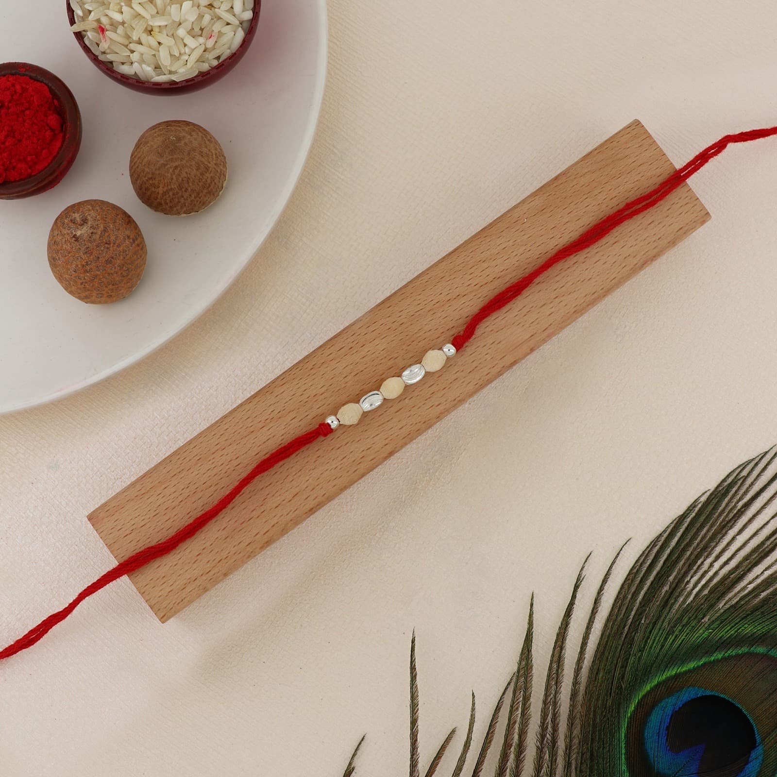 Silver Wooden Bead Rakhi | Minimalist Wooden Beads with Silver Accents | Adjustable Red Thread