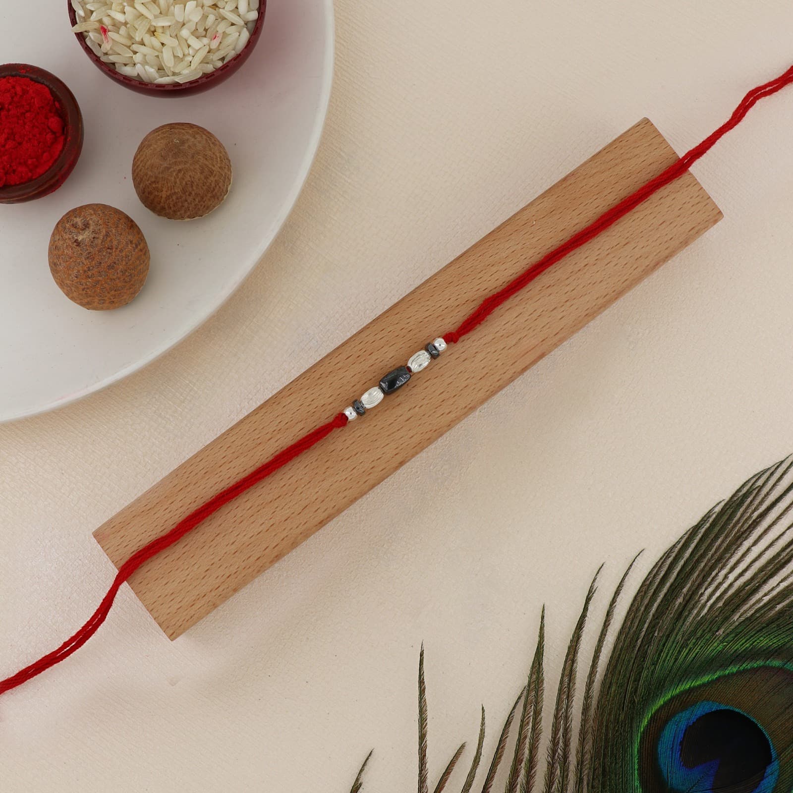 Silver Black Onyx Bead Rakhi | Elegant Black Stone with Silver & Hematite Accents | Adjustable Red Thread