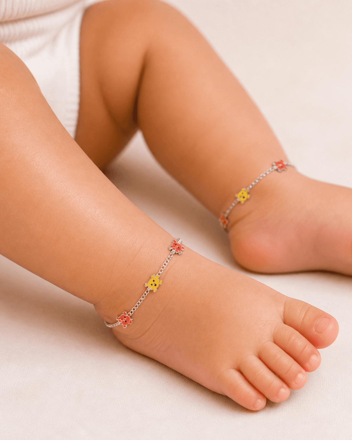 925 Sterling Silver Baby Anklet with Cute Teddy Bear Enamel Charms | Multicolor Kids Payal | Soft Adjustable Chain | 1 Pair (2 Anklets)