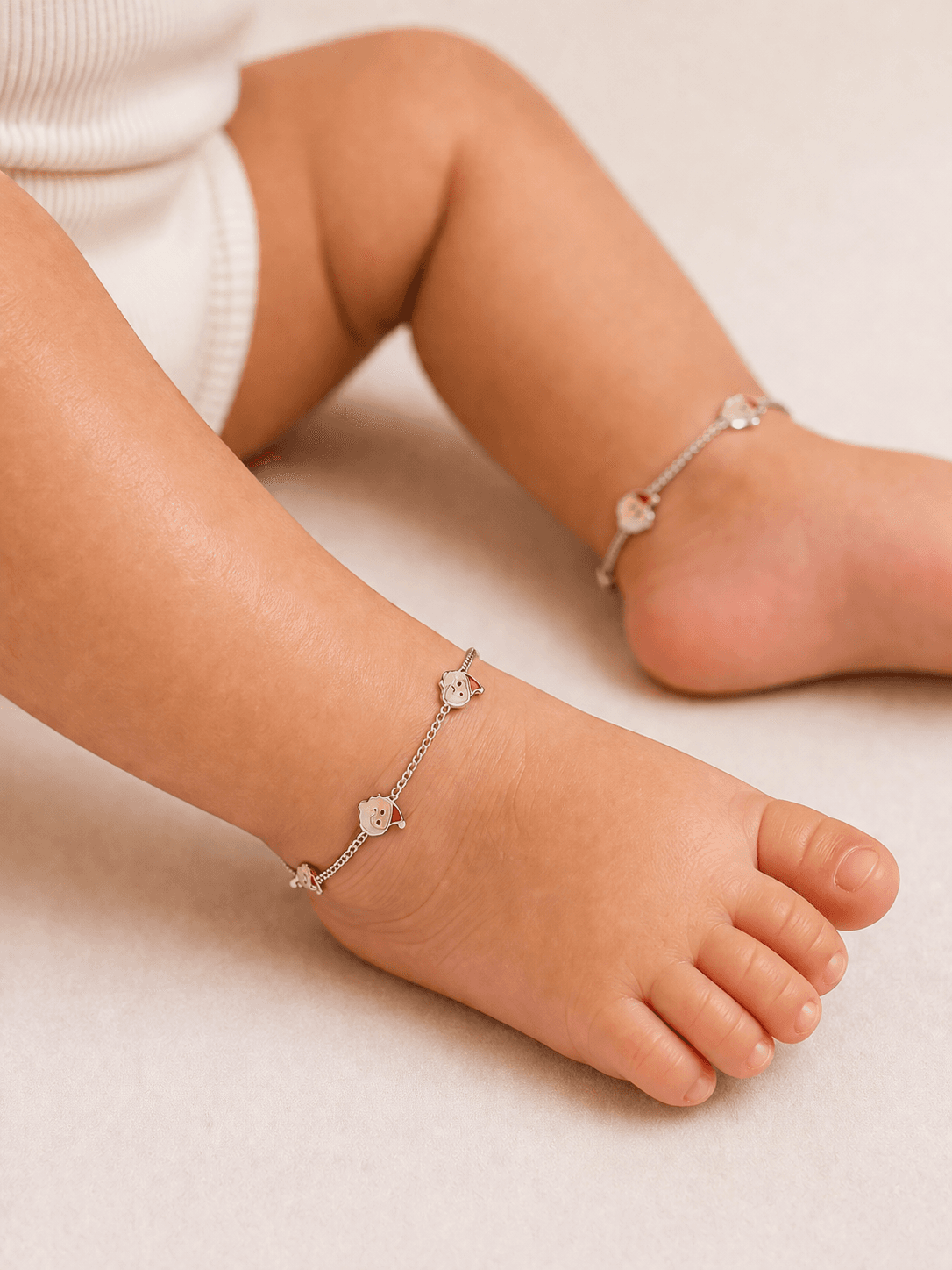 925 Sterling Silver Baby Anklet with Cute Santa Face Enamel Charms | Festive Kids Payal | Soft Adjustable Chain | 1 Pair (2 Anklets)