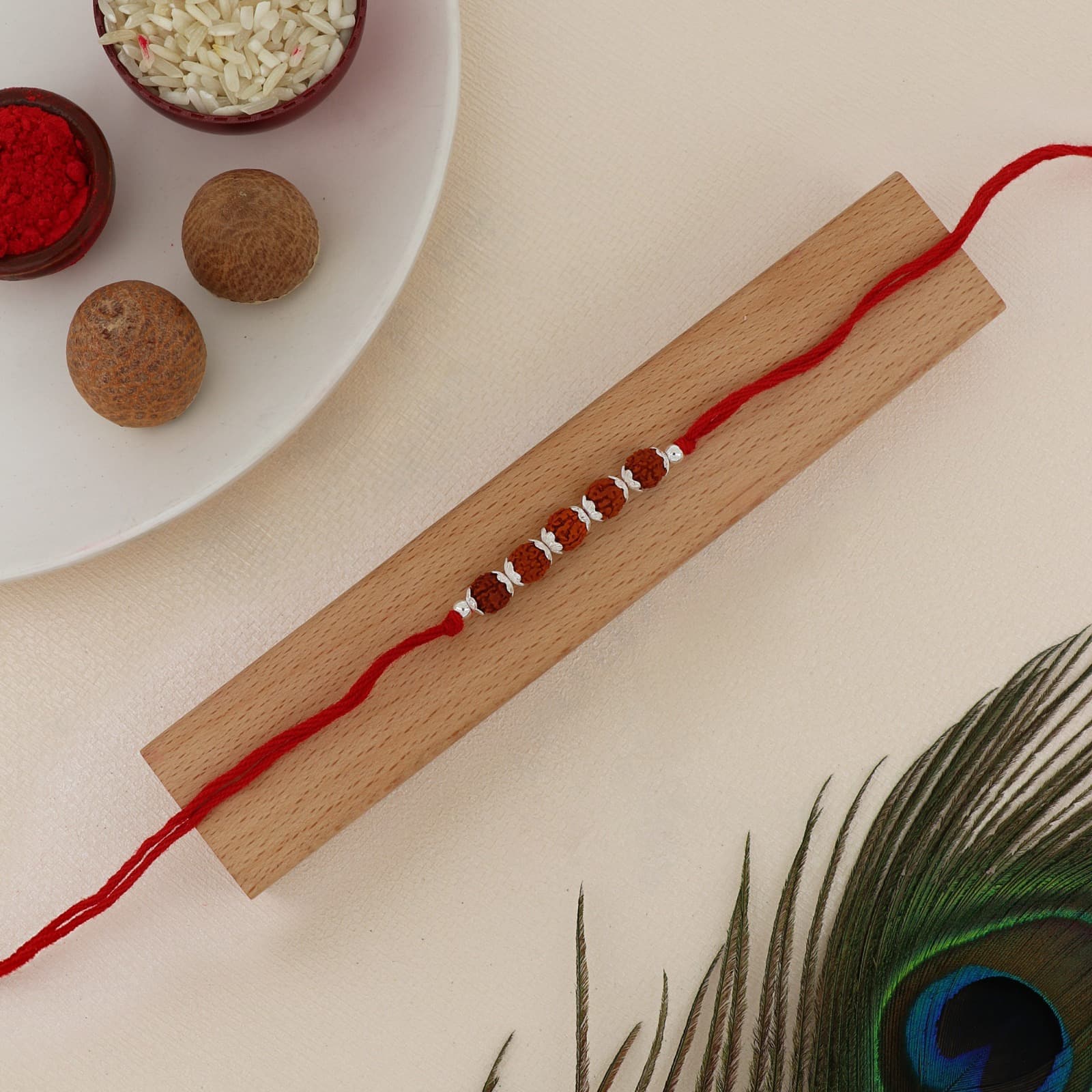 Silver Five Rudraksha Bead Rakhi | Traditional Rudraksha Rakhi with Sterling Silver Spacers | Adjustable Red Thread