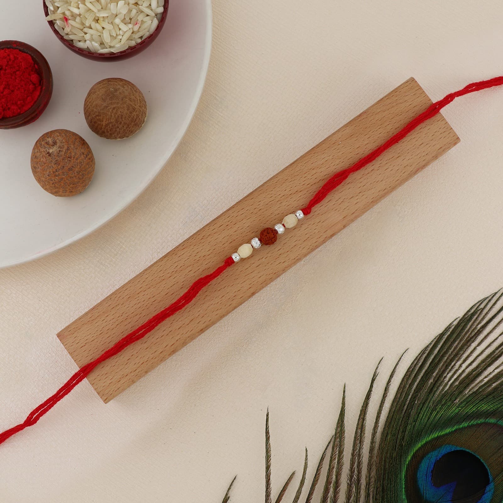 Silver Rudraksha & Wooden Bead Rakhi | Sacred Rudraksha with Wooden and Silver Accents | Adjustable Red Thread