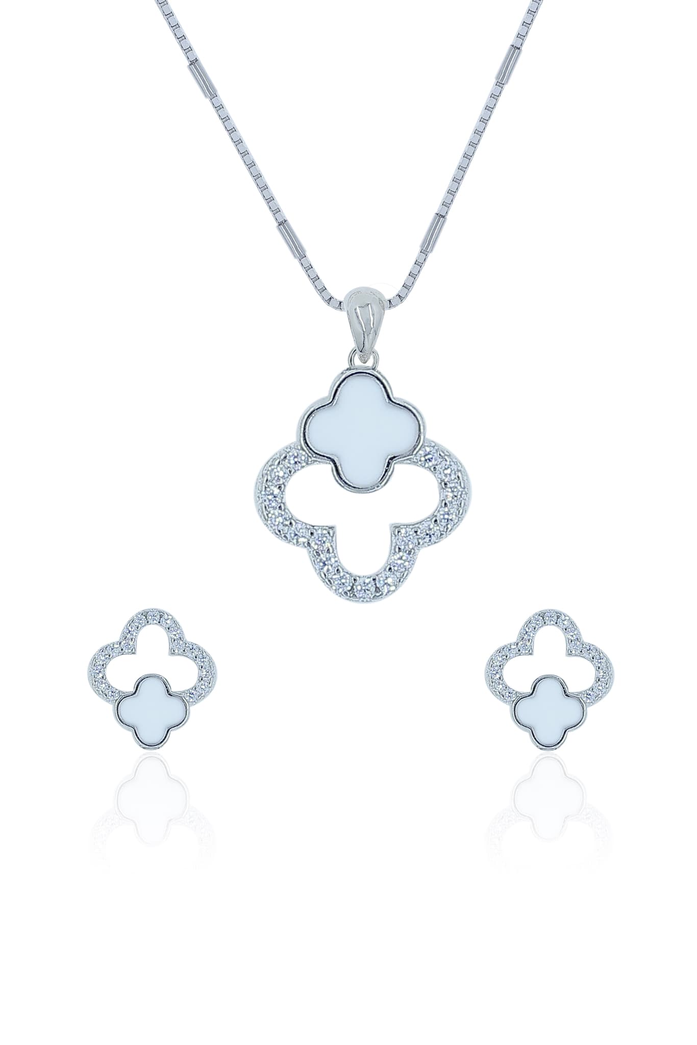 Silver Clover Zircon Pendant Set