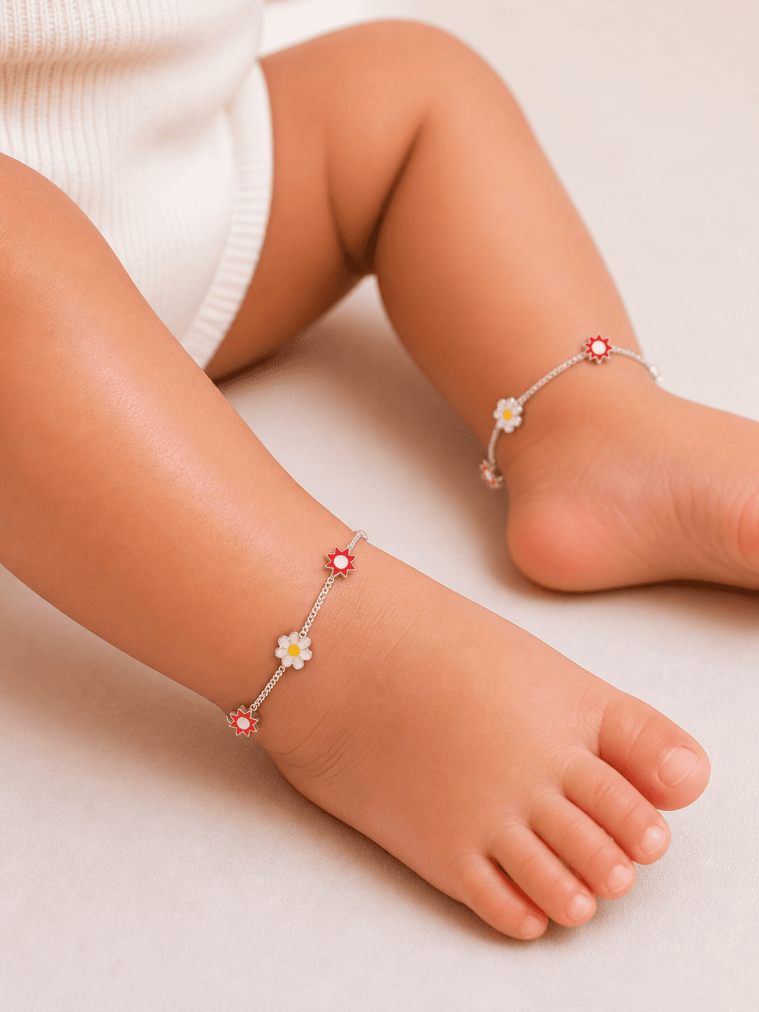925 Sterling Silver Baby Anklet with Daisy & Sun Enamel Charms | Floral Kids Payal | Soft Adjustable Chain | 1 Pair (2 Anklets)