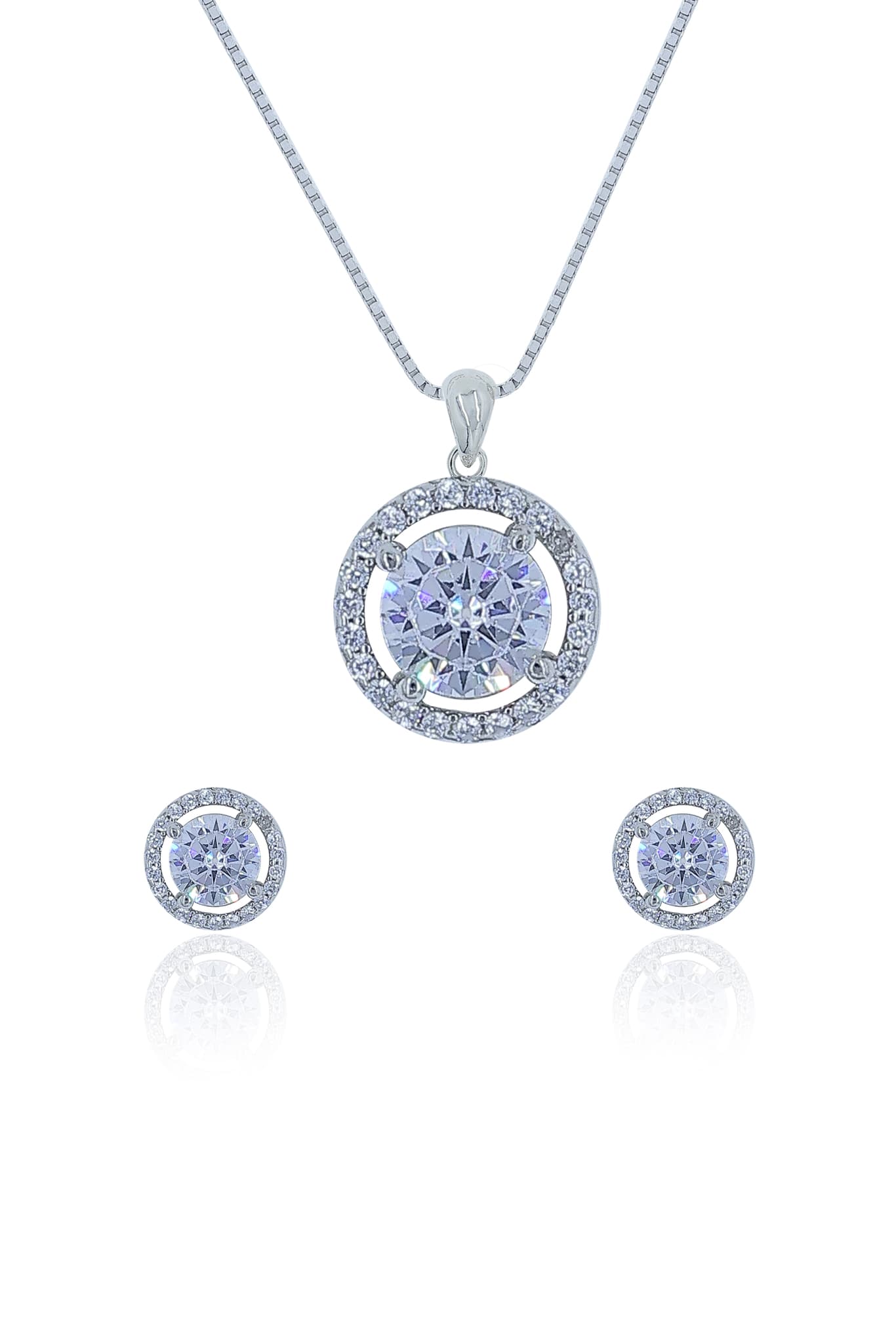 Silver Zircon Halo Pendant Set