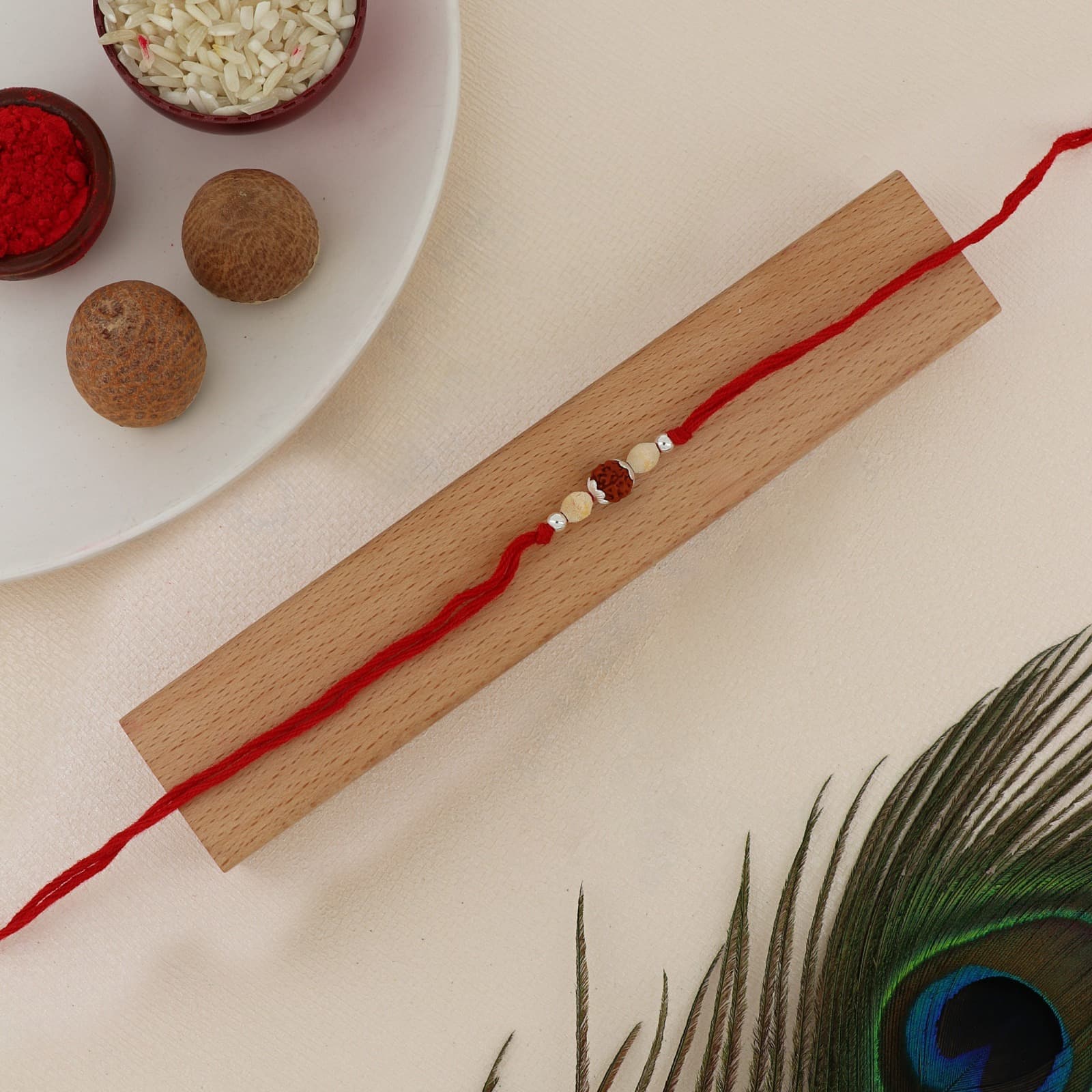 Silver Rudraksha & Sandalwood Bead Rakhi | Sacred Rudraksha with Natural Sandalwood Beads | Adjustable Red Thread