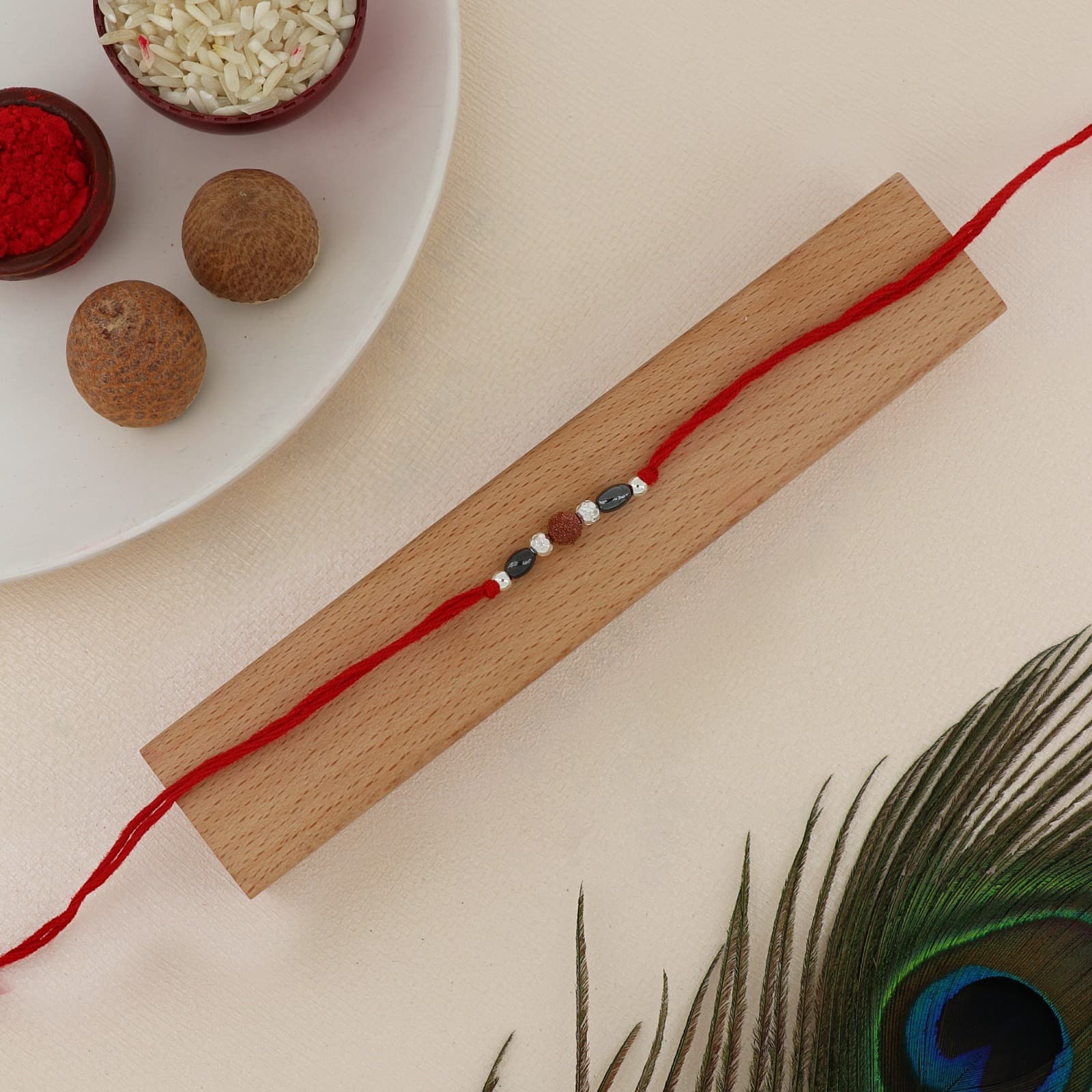 Silver Goldstone & Hematite Rakhi | Sparkling Goldstone Bead with Hematite, Crystal & Silver Accents | Adjustable Red Thread
