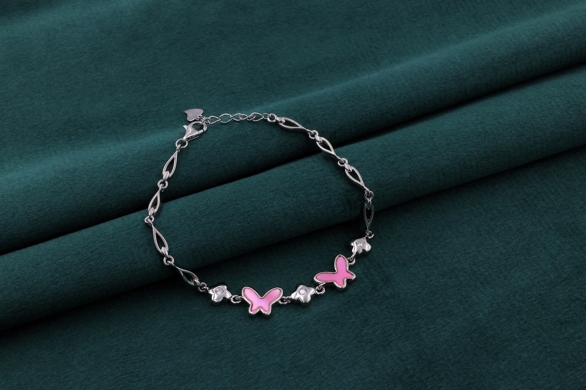 Silver Pink Butterfly Charm Bracelet