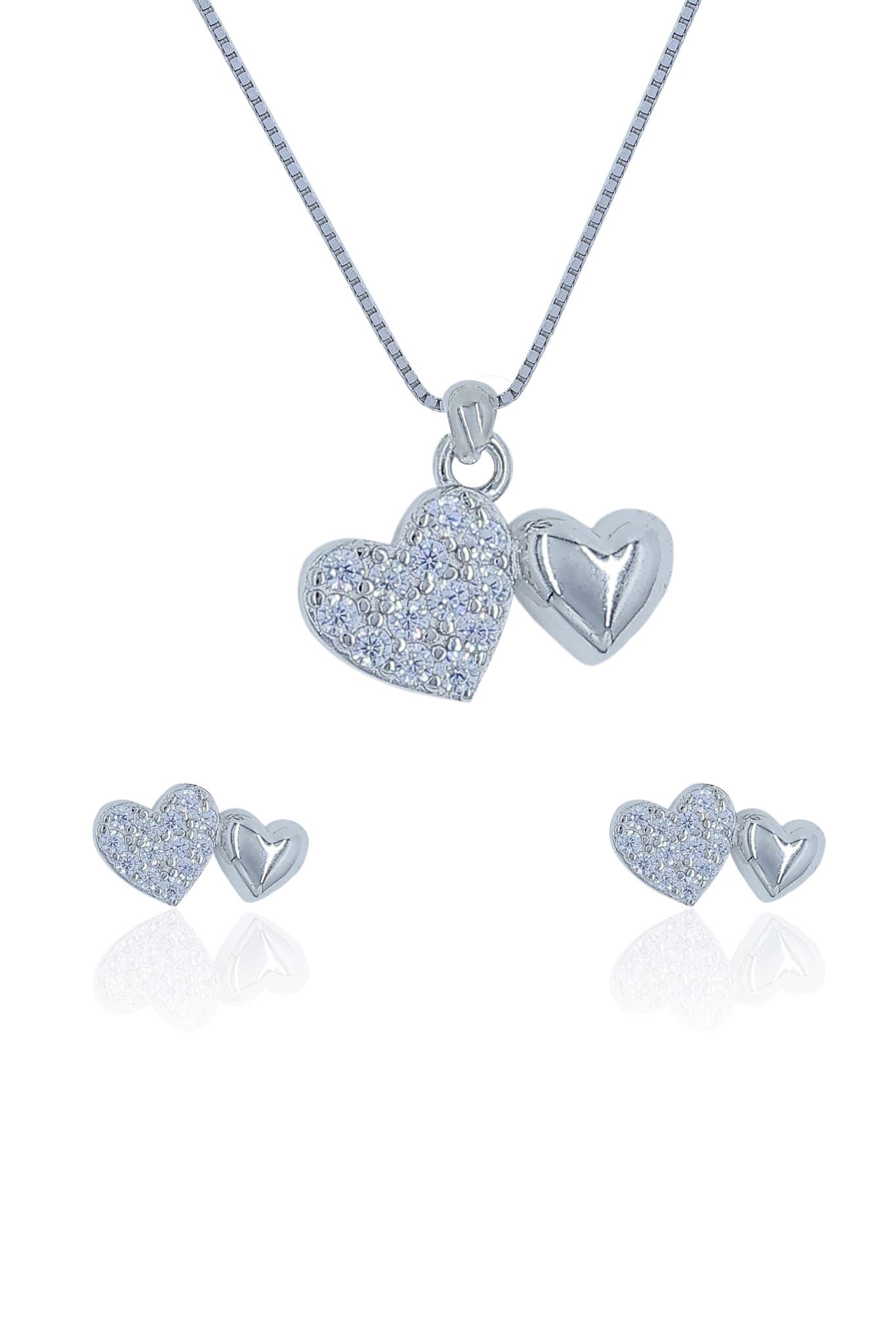 Silver Zircon Double Heart Pendant Set
