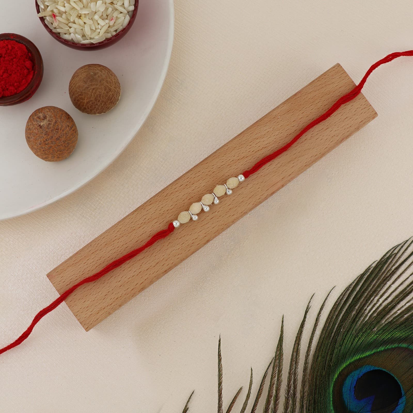 Silver Wooden Bead Rakhi | Multi Wooden Beads with Silver Accents | Adjustable Red Thread
